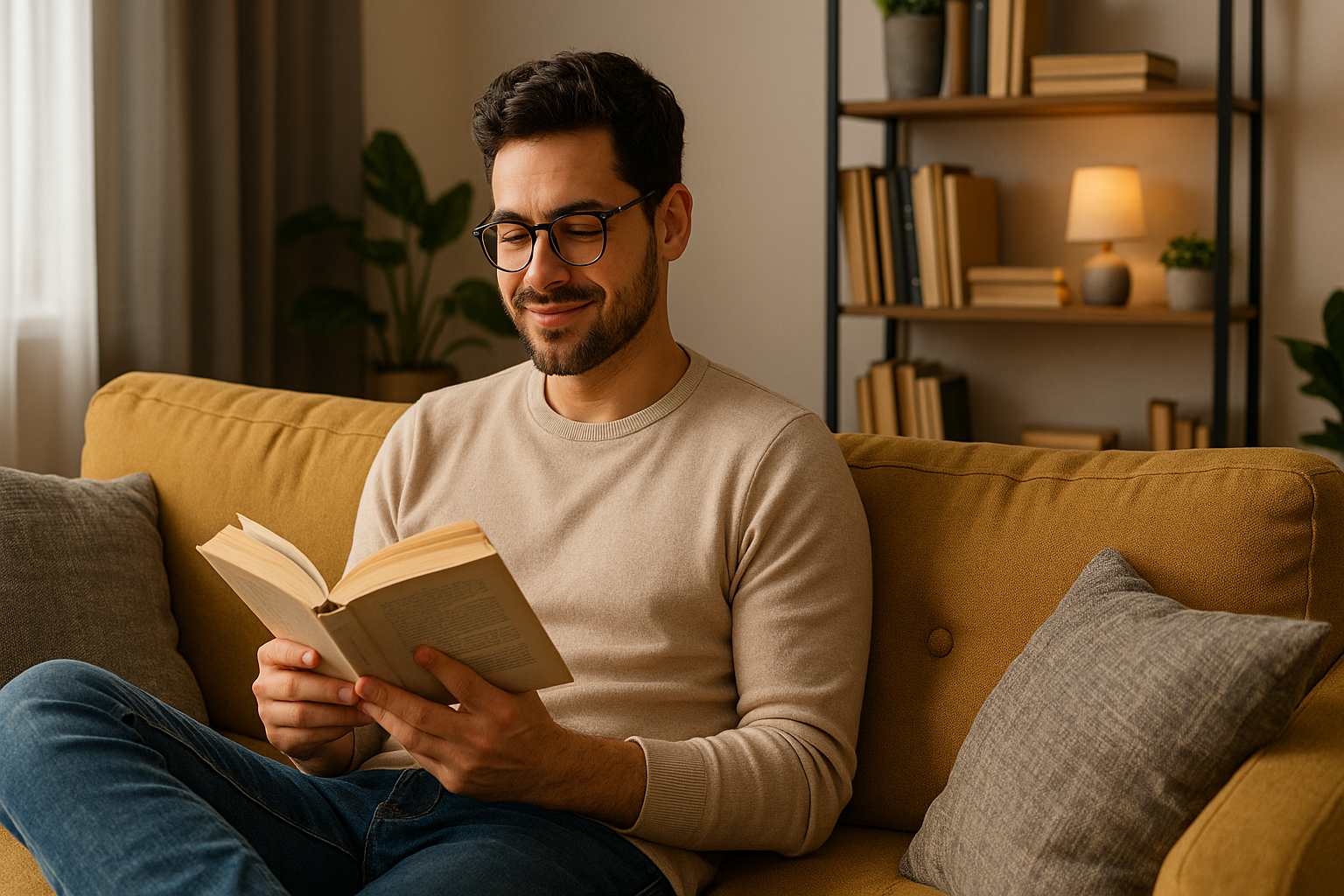 Persona che legge in un ambiente confortevole